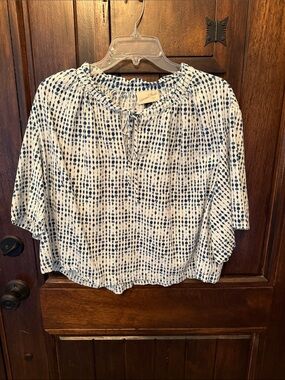 Casual Tie-Neck Peasant Blouse in White with Navy Dot